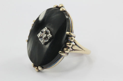 Antique 1930's Victorian Revival 14K Gold Onyx & Diamond Chunky Ring - Queen May