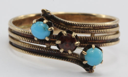 Antique Victorian 14K Gold Garnet & Persian Turquoise Ring Band - Queen May