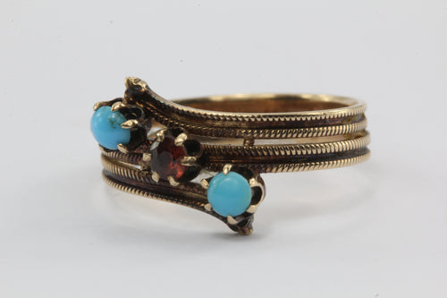 Antique Victorian 14K Gold Garnet & Persian Turquoise Ring Band - Queen May