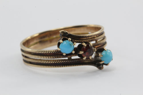 Antique Victorian 14K Gold Garnet & Persian Turquoise Ring Band - Queen May