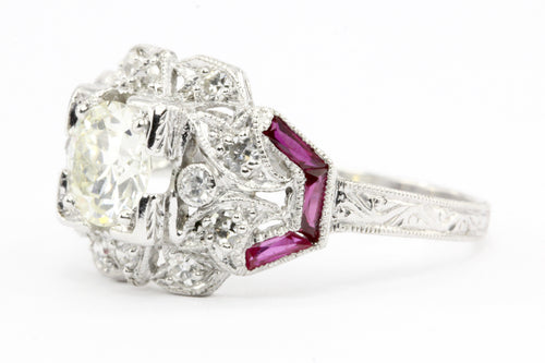Art Deco Platinum Diamond and French Cut Ruby Ring c.1920 - Queen May