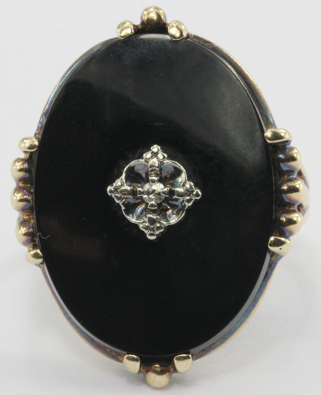 Antique 1930's Victorian Revival 14K Gold Onyx & Diamond Chunky Ring - Queen May