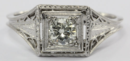 Antique Art Deco Platinum .40 Carat Transition Cut Diamond Engagement Ring - Queen May