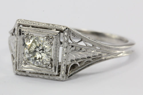 Antique Art Deco Platinum .40 Carat Transition Cut Diamond Engagement Ring - Queen May