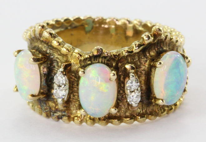 14K Yellow Gold Opal Diamond Etruscan Crown Ring - Queen May