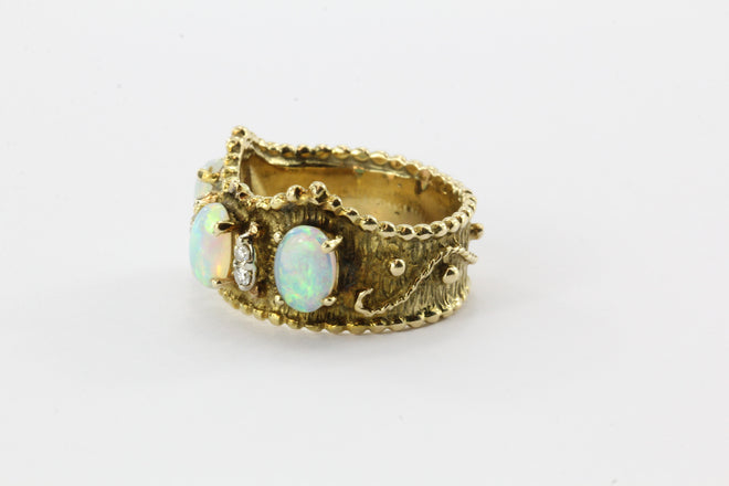 14K Yellow Gold Opal Diamond Etruscan Crown Ring - Queen May