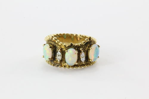 14K Yellow Gold Opal Diamond Etruscan Crown Ring - Queen May