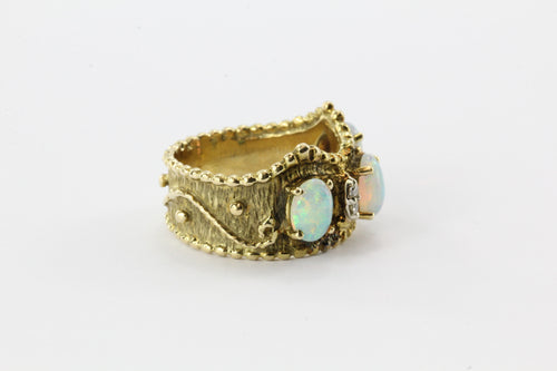 14K Yellow Gold Opal Diamond Etruscan Crown Ring - Queen May