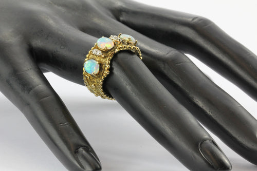 14K Yellow Gold Opal Diamond Etruscan Crown Ring - Queen May