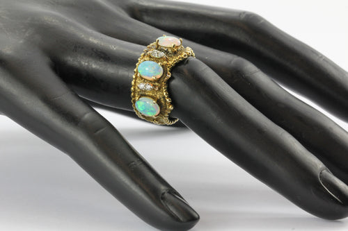 14K Yellow Gold Opal Diamond Etruscan Crown Ring - Queen May