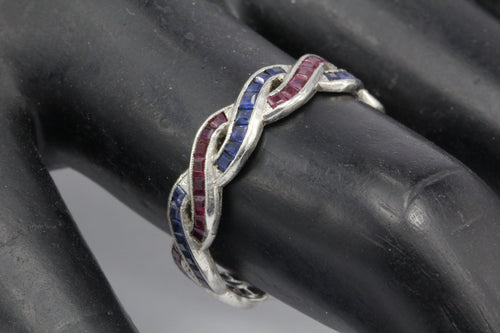 Rare Art Deco Platinum Ruby and Sapphire Woven Eternity Band Size 8.75 - Queen May
