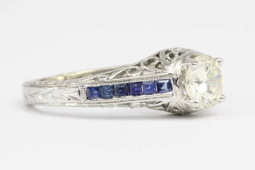 Art Deco Style 14K White Gold 1 Carat Diamond and Sapphire Ring Size 7 - Queen May