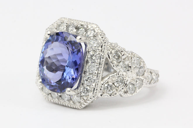 14K White Gold 5 Carat Tanzanite and 2.5 CTW Diamond Ring - Queen May