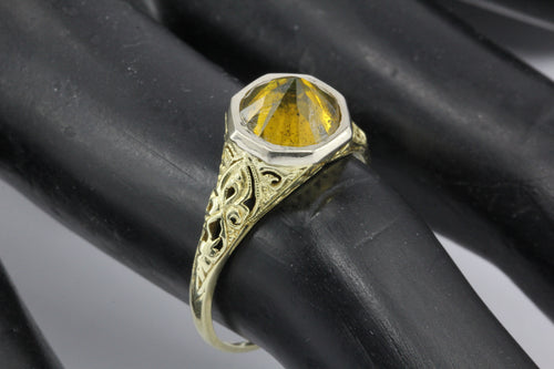 Platinum & 14K Yellow Gold Art Deco Setting with Upside Down Set 2 CT Fancy Yellow Orange Diamond Ring - Queen May
