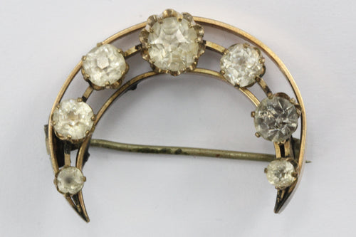 Antique Victorian Pinchbeck & Foil Back Paste Crecent Moon Brooch Pin - Queen May