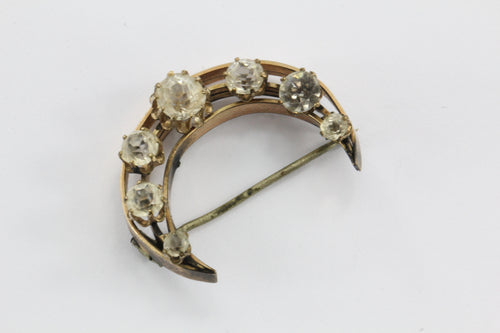 Antique Victorian Pinchbeck & Foil Back Paste Crecent Moon Brooch Pin - Queen May