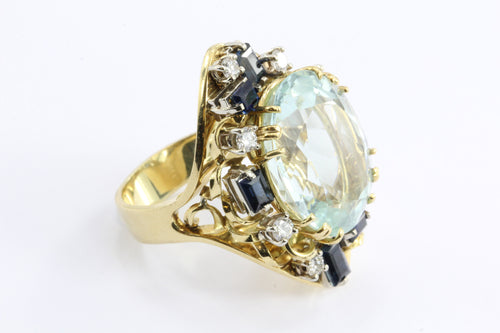 Retro American Modern 18K Gold Aquamarine Sapphire Diamond Chunky Cocktail Ring - Queen May