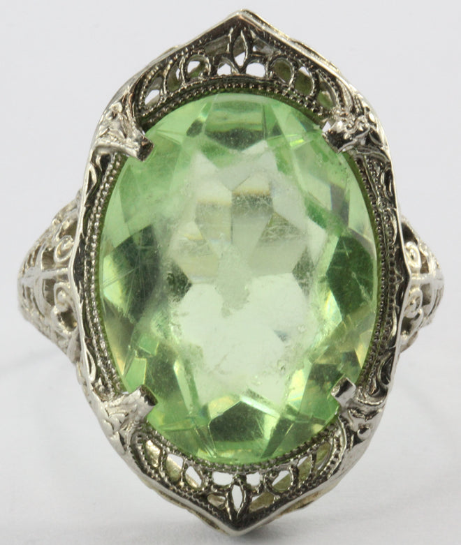 Antique 10K White Gold Green Stone Edwardian Chunky Ring - Queen May