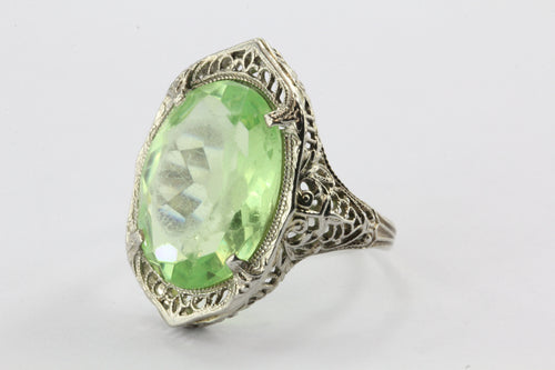 Antique 10K White Gold Green Stone Edwardian Chunky Ring - Queen May