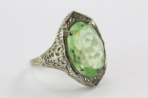 Antique 10K White Gold Green Stone Edwardian Chunky Ring - Queen May