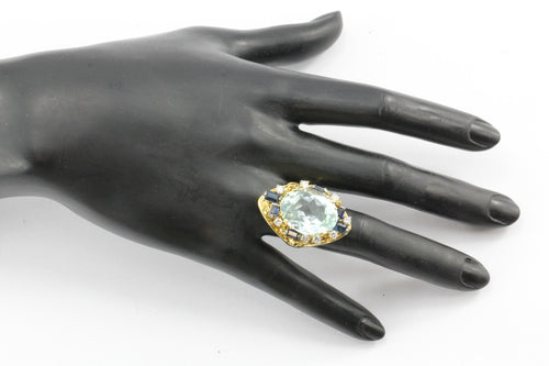 Retro American Modern 18K Gold Aquamarine Sapphire Diamond Chunky Cocktail Ring - Queen May