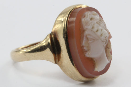 Antique Oscar E Place & Sons Co. P&S 10K Gold Carved Cameo Ring - Queen May