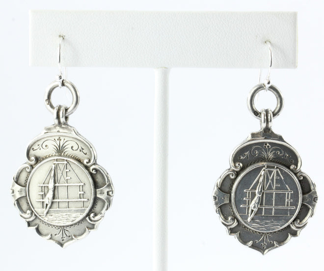 Antique 1929 English Sterling Silver Diving Swimming Medals Earrings Colwyn Bay - Queen May