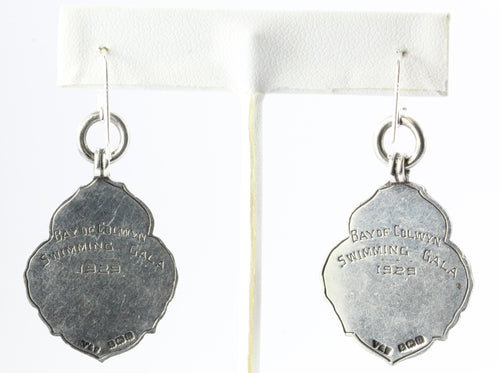 Antique 1929 English Sterling Silver Diving Swimming Medals Earrings Colwyn Bay - Queen May