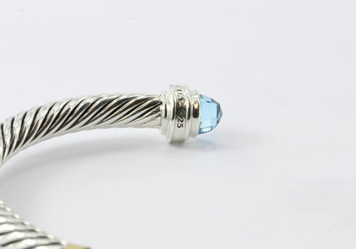 David Yurman Sterling Silver Blue Topaz Diamond 5mm Cable Cuff NWT - Queen May