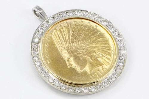1916 Ten Dollar Gold Indian Head Coin Custom 14K White Gold and Diamond Bezel Pendant - Queen May