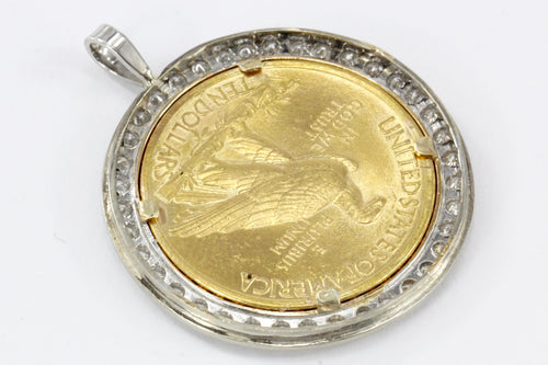 1916 Ten Dollar Gold Indian Head Coin Custom 14K White Gold and Diamond Bezel Pendant - Queen May