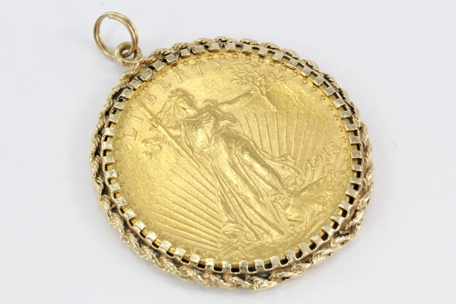 1915 Twenty Dollar Gold St. Gaudens Double Eagle Coin in Custom 14K Yellow Gold Bezel - Queen May