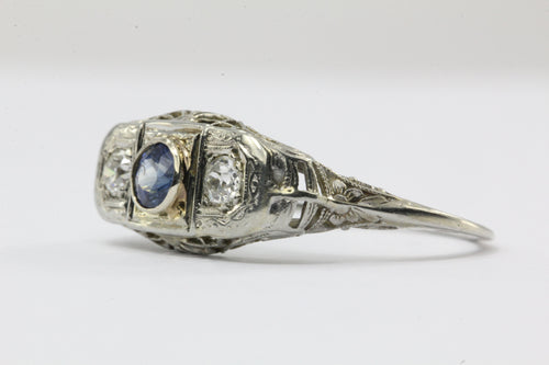 Antique Art Deco 18K White Gold Sapphire & Diamond Ring - Queen May