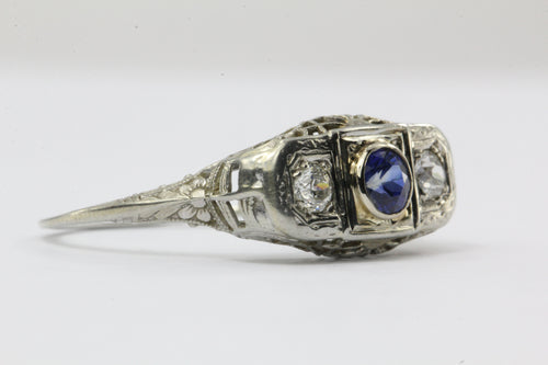 Antique Art Deco 18K White Gold Sapphire & Diamond Ring - Queen May