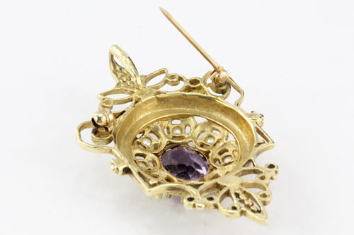 Victorian Revival 14K Yellow Gold 3 Carat Amethyst and Pearl Brooch Pendant - Queen May