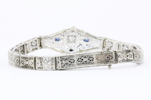 Art Deco 10K White Gold Old European Cut Diamond and Sapphire Filigree Bracelet - Queen May