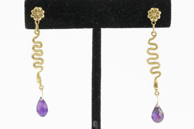 14K Yellow Gold Snake and Amethyst Briolette Post Earrings - Queen May