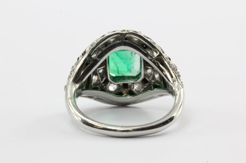 Art Deco Revival Platinum Emerald Diamond Black Enamel Ring - Queen May