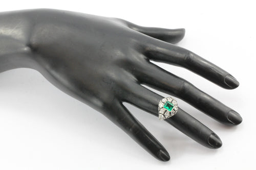 Art Deco Revival Platinum Emerald Diamond Black Enamel Ring - Queen May