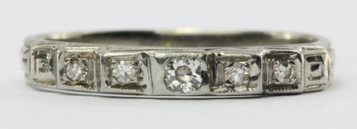 Antique 18K White Gold & Diamond Art Deco Wedding Band Ring - Queen May