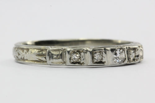 Antique 18K White Gold & Diamond Art Deco Wedding Band Ring - Queen May