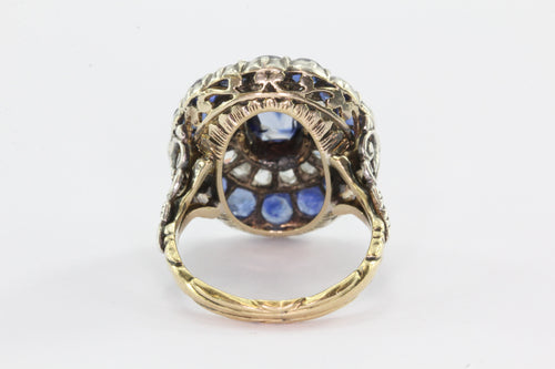 Georgian 18K Gold Silver Top Blue Sapphire Rose Cut Diamond Ring - Queen May