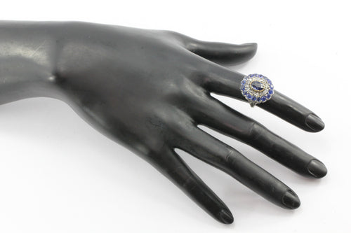 Georgian 18K Gold Silver Top Blue Sapphire Rose Cut Diamond Ring - Queen May