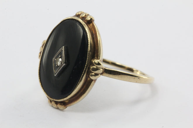 Antique Art Deco 10K Gold Onyx & Single Cut Diamond Ring by Star Ring Co - Queen May