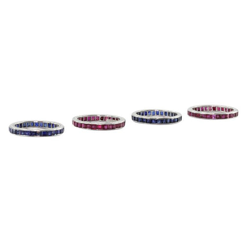 4 Stackable Art Deco Tiffany & Co Platinum Ruby Sapphire Eternity Bands c.1930 - Queen May