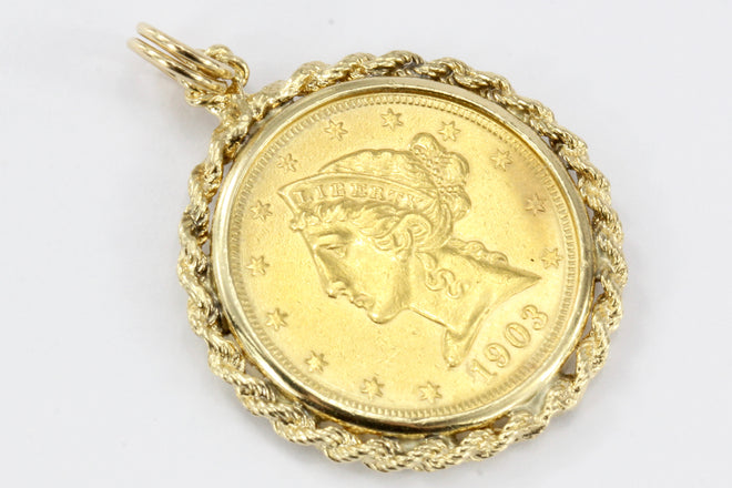 1903 Five Dollar Half Eagle US Gold Coin Braided Bezel Pendant - Queen May