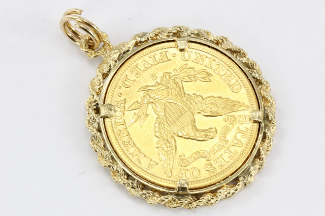 1903 Five Dollar Half Eagle US Gold Coin Braided Bezel Pendant - Queen May