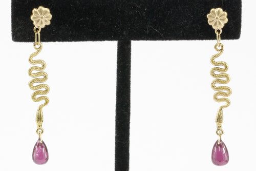 14K Yellow Gold Snake and Rhodolite Garnet Teardrop Post Earrings - Queen May