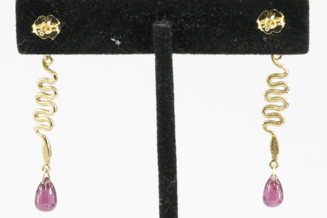 14K Yellow Gold Snake and Rhodolite Garnet Teardrop Post Earrings - Queen May