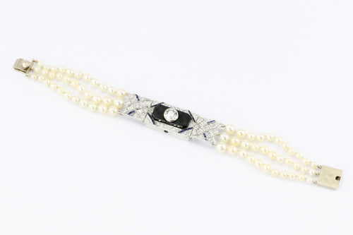 Art Deco Platinum Old European Diamond Sapphire Pearl Onyx Watch Conversion Bracelet - Queen May